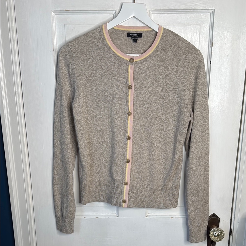 Worth Birch White Marled Trimmed Button-down Cardigan Sweater W1214 Sz S